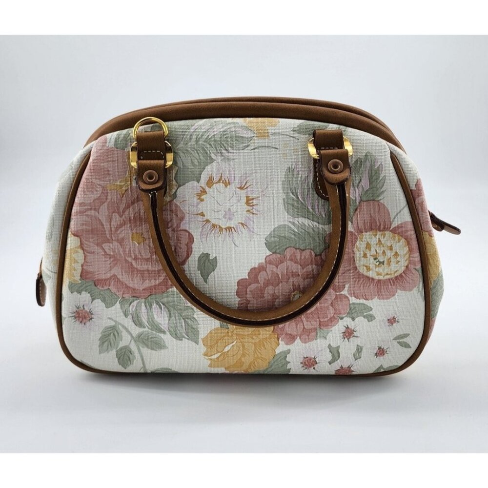 Carryland USA Double Handle Shoulder Handbag Purse Pastel Floral Leather Trim - Picture 5 of 9